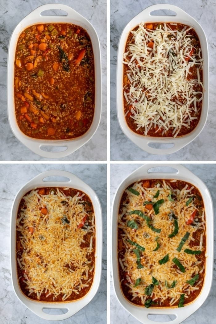 a collage of steps showing the transfer to a casserole dish and addition of cheese
